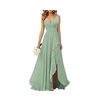 wseyu robe de demoiselle d'honneur en mousseline de soie à col en v pour mariage longue robe de soirée formelle avec fente à volants, vert sauge, 44