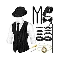 set d’accessoires de costume rétro pour hommes des années 1920, gilet de gangster chapeau fedora bretelles (noir blanc, xl)