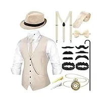 set d’accessoires de costume rétro pour hommes des années 1920, gilet de gangster chapeau fedora bretelles (beige, l)