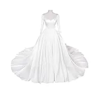 robes de mariée pour le cou en v une ligne à manches longues satin plus robe nuptiale de taille avec train blanc 42, blanc, 44