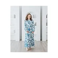 the drop robe longue pour femme, à volants, imprimé floral bleu azur, par @withloveleena, xs