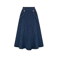 belle poque jupe midi en jean taille haute avec poches style vintage et élégant, bleu foncé, m