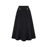 belle poque jupe midi en jean taille haute avec poches style vintage et élégant, noir , m