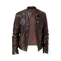 veste en cuir pu pour homme, noir, couleur unie, blouson de motard, chaud, coupe-vent, avec poches, pour les sports de plein air, style vintage, marron, xl