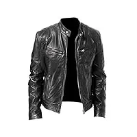 veste en cuir pu pour homme, noir, couleur unie, blouson de motard, chaud, coupe-vent, avec poches, pour les sports de plein air, style vintage, noir , xl
