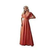 ever-pretty robe demoiselle d'honneur femme longue col v mousseline a line manches courtes plissé chic orange caramel 36