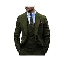 costume 3 pièces classique pour hommes à double boutonnage en tweed à chevrons en laine pour mariage （52, armée verte）