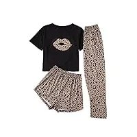 gorglitter ensemble pyjama 3 pièces pour femme léopard ensemble t-shirt et pantalon avec t-shirt, noir , l