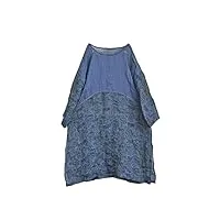 nfym femmes ramie lin mince tunique chemise 3/4 manches longues imprimé patchwork midi lâche split hem pullover tops, bleu, taille unique