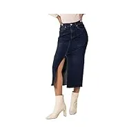 nina carter p215 jupe en jean pour femme taille haute avec fente sur le devant et fermeture éclair stretch aspect usé, bleu foncé (p215-2), l