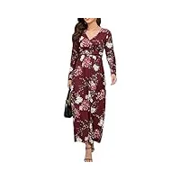 chuangminghangqi femme robe de poche à manches longues robe fleurie portefeuille imprimee robe a-line col en v automne robe d'été casual longue Élégante soirée fête (rouge,s)