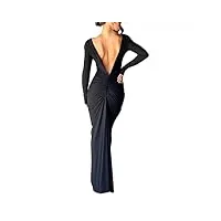 geagodelia robe femme maxi-longue sexy moulante à manches longues, robe de soirée col deep v ou dos nu avec deux moyens à porter (noir, m)