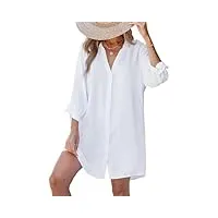 cupshe robe chemisier pour femme avec col en v et manches longues - robe chemise ample boutonnée sur le devant - robe de plage décontractée, blanc, xl