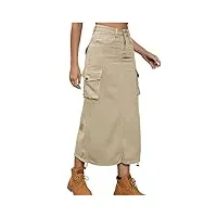jupe en jean midi ajustable et effiloché, taille haute avec cordon de serrage sur le côté, jupe cargo avec poches,light khaki,s