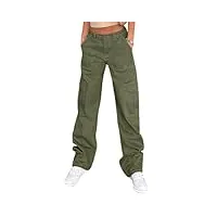 prinstory pantalon cargo pour femme - taille haute - pantalon de loisirs extensible - jambe large y2k streetwear avec 6 poches, vert kaki, m