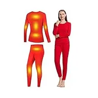 ensemble de sous-vêtements pour femme, 8 zones de chauffage, contrôle intelligent, ensemble caleçon long chauffant électrique usb avec doublure en polaire pour l'hiver (rouge xxl) (rouge xl)