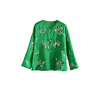 hangerfeng blouse femme soie organza brodé rétro top 53, vert, large-x-large