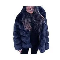 manteau court thermique pour femme en fausse fourrure de renard épais matelassé veste d'hiver à capuche couleur unie duveteux de luxe cardigan, bleu marine, l
