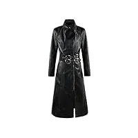 hdhdeueh manteau long en similicuir extensible pour femme avec double ceinture noir, noir , l