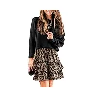 cupshe jupes pour femmes avec imprimé léopard et cordon de serrage - mini jupe à volants taille haute - jupe courte trapèze, noir , 48