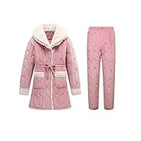pyjama d'hiver pour femme, manches longues, veste matelassée en flanelle épaisse, trois couches, salopette rembourrée en velours corail (a xxl)