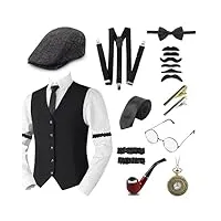 ensemble d'accessoires pour homme des années 20 - costume de carnaval mafia pour homme - avec chapeau panama, bretelles réglables, cravate, lunettes, costume peaky blinders - costume gatsby