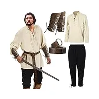 costume de renaissance pour homme - 4 pièces - rétro viking - chemises à manches longues - pantalon à bandes de cheville - en cuir synthétique - attelles de bras - ceinture viking - accessoire pour