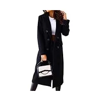 manteau élégant en laine pour femme - trench à double boutonnage - manteau d'hiver - couleur unie - col rabattu - léger - long manteau coupe-vent, noir , m