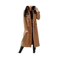 manteau élégant en laine pour femme - trench à double boutonnage - long revers - couleur unie - col rabattu - manteau léger et coupe-vent, kaki, m