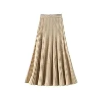jupe trapèze plissée en laine pour femme - taille haute - Épais - pour le bureau - jupes mi-longues décontractées, beige, taille unique