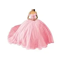 wseyu robes de quinceanera à paillettes scintillantes en dentelle à épaules dénudées avec train princesse robe de bal en tulle bouffante, rose, 36