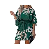 cupshe mini robe décontractée à manches 3/4 pour femme - imprimé feuille - robe courte avec ceinture, vert, taille m
