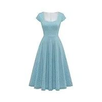 berylove robe de cocktail pour femme - Élégante - vintage - rockabilly - col en cœur - robe de soirée midi, bleu à pois blancs, l