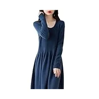 robe en laine mérinos pour femme - longue section plissée - col rond - pull au-dessus du genou, bleu, m