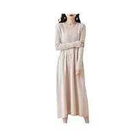 robe en laine mérinos pour femme - longue section plissée - col rond - pull au-dessus du genou, beige, l