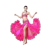 costume de danse orientale pour femme avec jupe fendue en strass, soutien-gorge, ceinture, jupe 3 pièces, rose, large