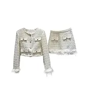 jyhbhmzg wind tweed ensemble deux pièces pour femme automne hiver garniture en fourrure veste courte + mini jupe costumes tenues féminines, blanc, xs