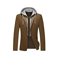 kudoro blazer homme veste de costume slim fit casual à capuche amovible avec deux boutons décontracté veste de smoking couleur unie veston blouson classique(café,l)