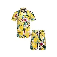 coofandy ensemble chemise hawaïenne flamant rose et short pour homme, motif floral, chemise hawaïenne à manches courtes, tenue d'été, vacances, plage, tailles s à 3xl, plantes fleurs - jaune et vert,