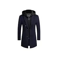 ecdahicc hommes laine hoodie trench coat hiver business simple boutonnage laine veste amovible manteau, bleu foncé, l