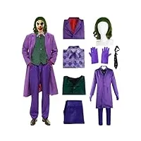 costume de joker pour homme - tenue de cosplay - manteau joker avec gilet, chemise, pantalon, cravate, gante, perruque - ensemble de 8 accessoires de luxe - costume de carnaval pour homme - costume de