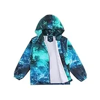 lacofia veste imperméable enfant garçon veste coupe vent à capuche blouson de pluie léger doublé de maille pour enfant vague bleu 5-6 ans