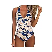 suuksess maillot de bain une pièce sexy effet gainant pour femme dos nu push up, #1 floral bleu marine, taille m