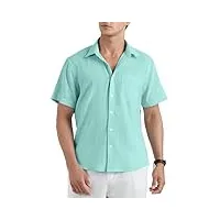 hisdern chemise lin homme manches courtes casual Été plage vacances chemises classique solid shirt pour hommes regular fit vert menthe xl