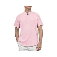 enlision chemise lin homme rose clair manches courtes Été col mao chemisette hommes décontractée casual henley shirts de plage classique slim fit s