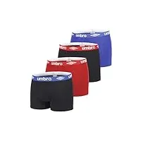 umbro boxer homme 100% coton, caleçon homme naturel et hypoallergénique (lot de 4), noir, rouge, bleu, blanc, taille xl