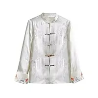 hangerfeng manteau en soie plissée brodée col montant chinois rétro bouton manches longues chaud rembourré blanc veste 114, blanc, medium