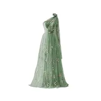 femmes tulle une épaule robes de soirée longues robes de bal broderie fleur longueur sol a-ligne robes de fête formelle, a-vert., 38