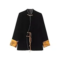 hangerfeng manteau en velours de soie pour femme, col montant, style chinois, rétro, boutonné, manches longues, veste rembourrée chaude 112, noir 2, x-large