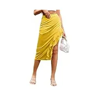 kate kasin jupe plissée élégante pour femme - ourlet irrégulier - jupe crayon à taille haute, jaune, xl